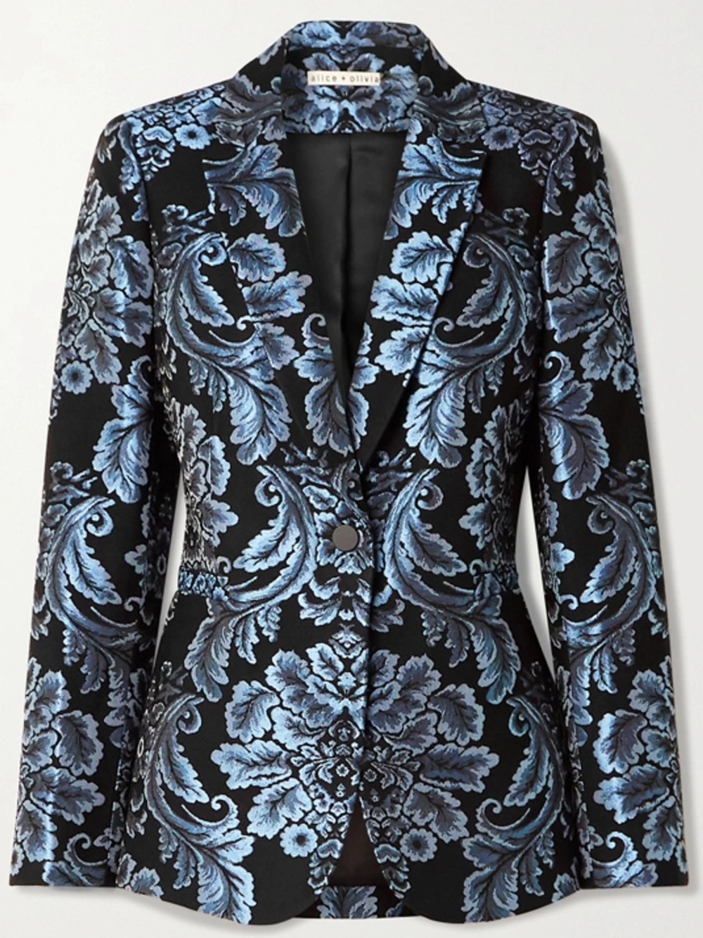 $495 Alice + Olivia Bristol Metallic Notch Collar Blazer in Black/Ultramarine 4
